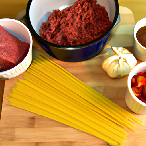 Fresh ingredients for making Dutch oven spaghetti, including spaghetti noodles, ground beef, and marinara sauce