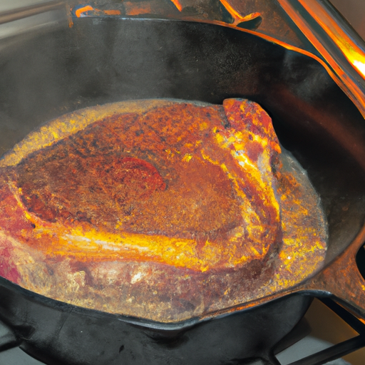 A sizzling steak cooking in a Dutch oven