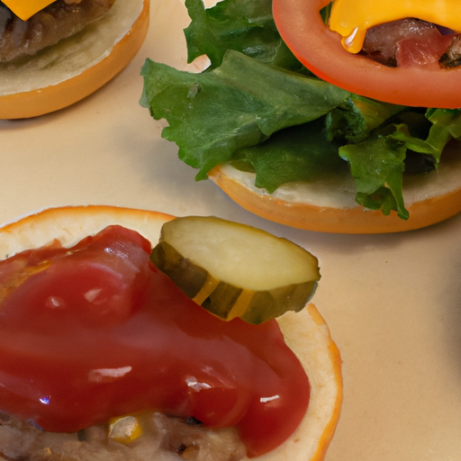 Assortment of burger toppings including tomatoes, lettuce, and pickles