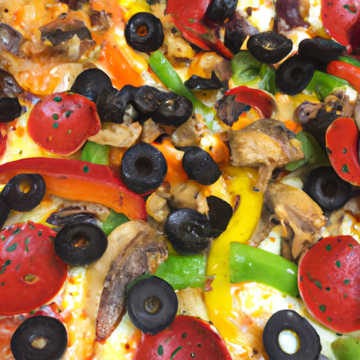 An array of colorful pizza toppings including pepperoni, mushrooms, bell peppers, and olives